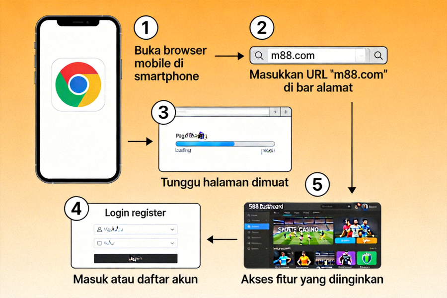 Diagram langkah-langkah mengakses M88 melalui browser mobile di smartphone