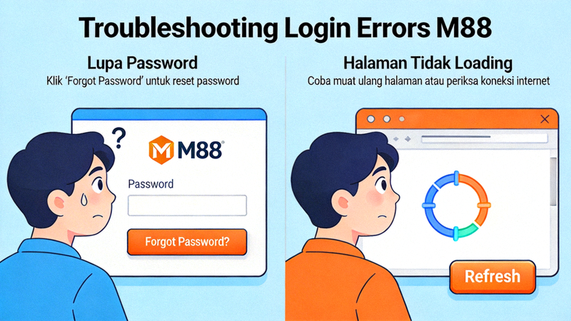Ilustrasi troubleshooting error login M88 seperti lupa password dan halaman tidak loading
